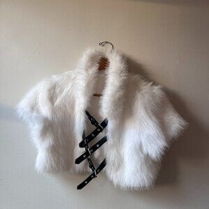 WHITE FAUX FUR BOLERO WITH LEATHER BUCKLE CLOSURE